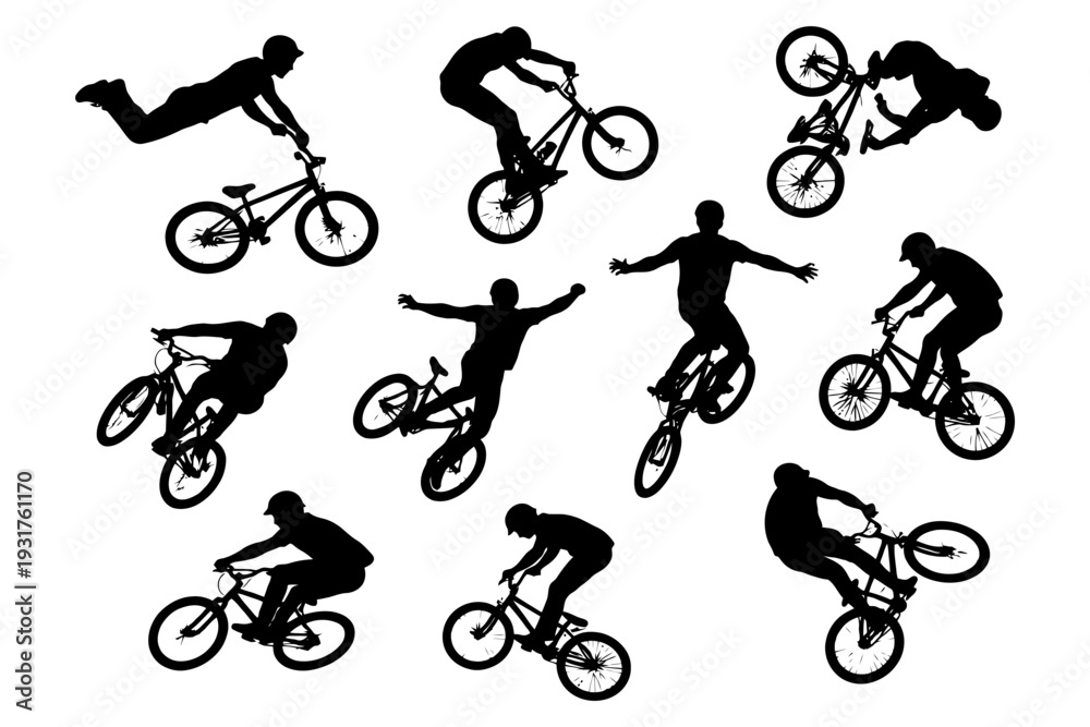 Naklejka premium Silhouettes of cyclists performing bmx tricks in various poses.