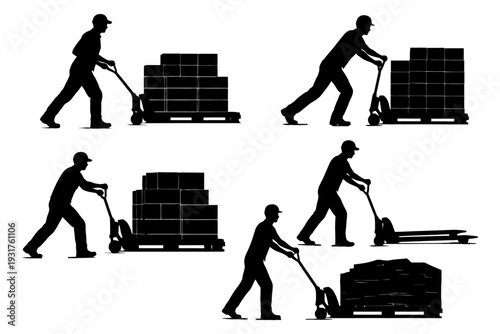 Silhouette of workers using pallet jacks with heavy loads.