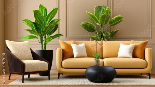 Cozy and Modern Living Room Setup Featuring Elegant Sofa, Stylish Armchair, Lush Green Plants, and Chic Coffee Table in Warm Color Scheme
