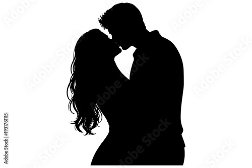 Silhouette of a romantic couple kissing passionately.