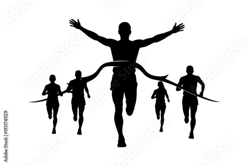 Silhouette of runner winning a race with competitors in background.