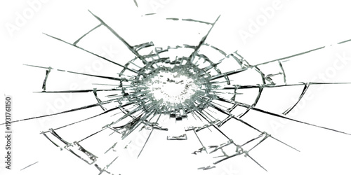A detailed illustration of shattered glass with a central point of impact and radiating cracks against a clean white background