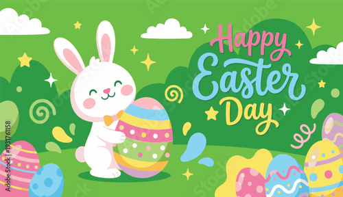 Happy Easter Day Card Illustration with Cute White Rabbit and Colorful Patterned Eggs
