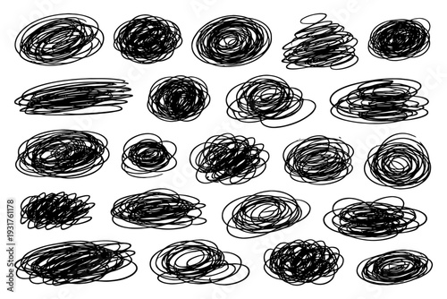 Collection of diverse hand-drawn scribble circles and ovals on white background.