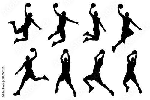 Silhouettes of male basketball players dunking in action poses.