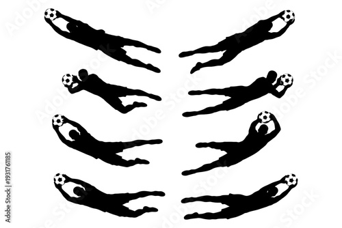 Silhouettes of goalkeepers diving to save soccer balls.