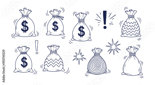 Hand Drawn Doodle Money Bags Vector Illustration Set Wealth Finance Success Icons