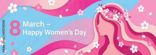 Happy Women's Day banner with profile of a beautiful woman and flowing pink floral hair