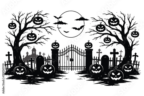 Hauntingly beautiful black and white halloween graveyard scene with pumpkins and bats