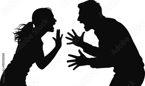 Black silhouette of a man and woman shouting at each other, aggressive couple fighting, relationship conflict and domestic argument vector illustration.