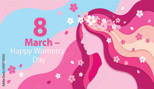 Happy Women's Day banner with profile of a beautiful woman and flowing pink floral hair