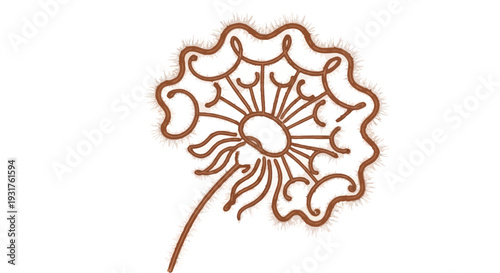 A whimsical illustration of a dandelion seed head in brown tones