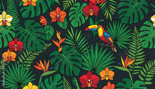 Tropical Seamless Pattern with Toucan Birds