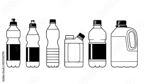 Flat Style Plastic Drinking Water Bottles Collection Modern Minimal Vector Isolated on White
