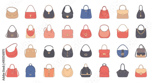 Collection of colorful stylized handbag illustrations in various shapes and designs