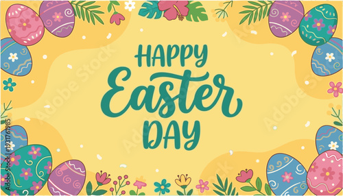Happy Easter Day Poster with Vintage Floral and Easter Egg Frame on Light Yellow Background