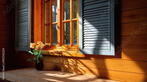 Cozy Wooden Interior with Sunlight Streaming Through Shuttered Windows and a Vase of Flowers on a Warm Wooden Windowsill