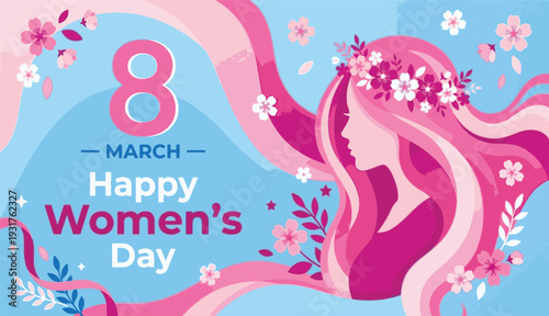 Happy Women's Day banner with profile of a beautiful woman and flowing pink floral hair