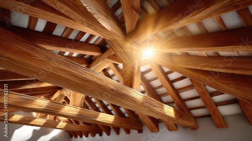 Stunning View of Exposed Wooden Beams in a Rustic Ceiling Featuring Beautiful Natural Light Illuminating the Space Above