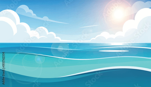 Ocean Horizon Landscape with Blue Water and Sunny Sky Illustration