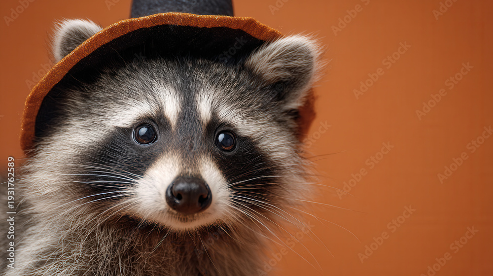 Obraz premium Raccoon wearing a small hat against a solid colored background in a playful setting during daylight