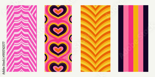 Four vibrant vertically oriented patterned rectangles in bold colors