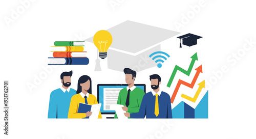 Professional Development and E-Learning Success Concept. Business team achieving career growth through knowledge, online training, and innovative ideas.