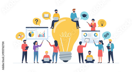 Collaborative Innovation and Teamwork Concept. Business training group learning, brainstorming, and analyzing data around a giant lightbulb, symbolizing knowledge sharing and business strategy.