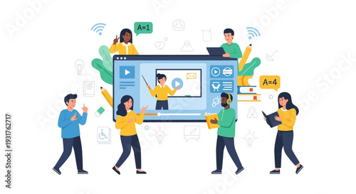 Global Online Education Concept. Diverse Students Taking E-Learning Courses via Video Platform. Remote Distance Study and EdTech Vector Illustration.