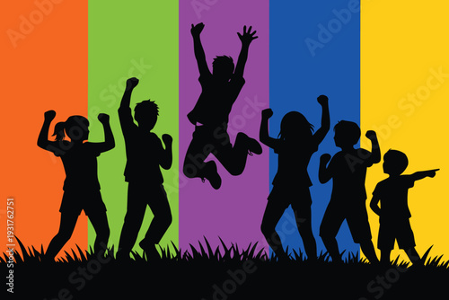 Joyful silhouettes of children celebrating amidst a vibrant rainbow backdrop.