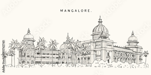 A detailed sketch of mangalore city skyline with prominent architecture