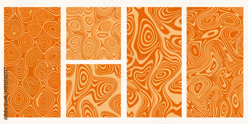 Abstract orange and beige panels featuring swirling organic line patterns