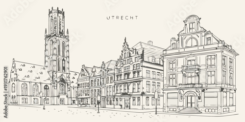 Sketch of dom tower and buildings in utrecht netherlands