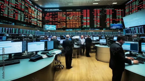 Busy trading floor with multiple computer screens and financial data.