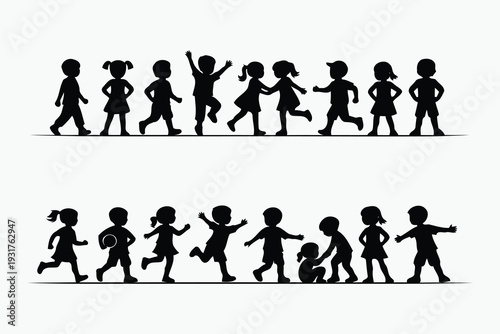 Diverse silhouettes of children engaging in various playful activities together.