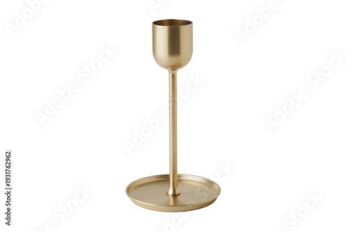 Gold metal candlestick holder with flat base isolated on a transparent background
