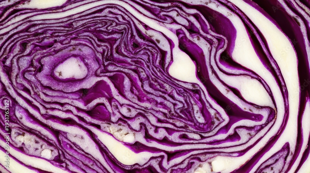 Obraz premium Red cabbage cross-section, mesmerizing purple and white swirling layered pattern, natural geometry