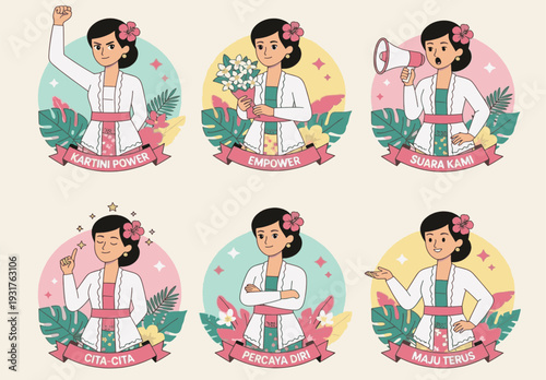 character set of Indonesian woman in traditional Kebaya for Kartini Day celebration