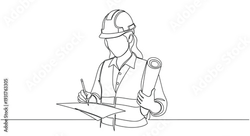 Line drawing of a female construction worker reviewing blueprints