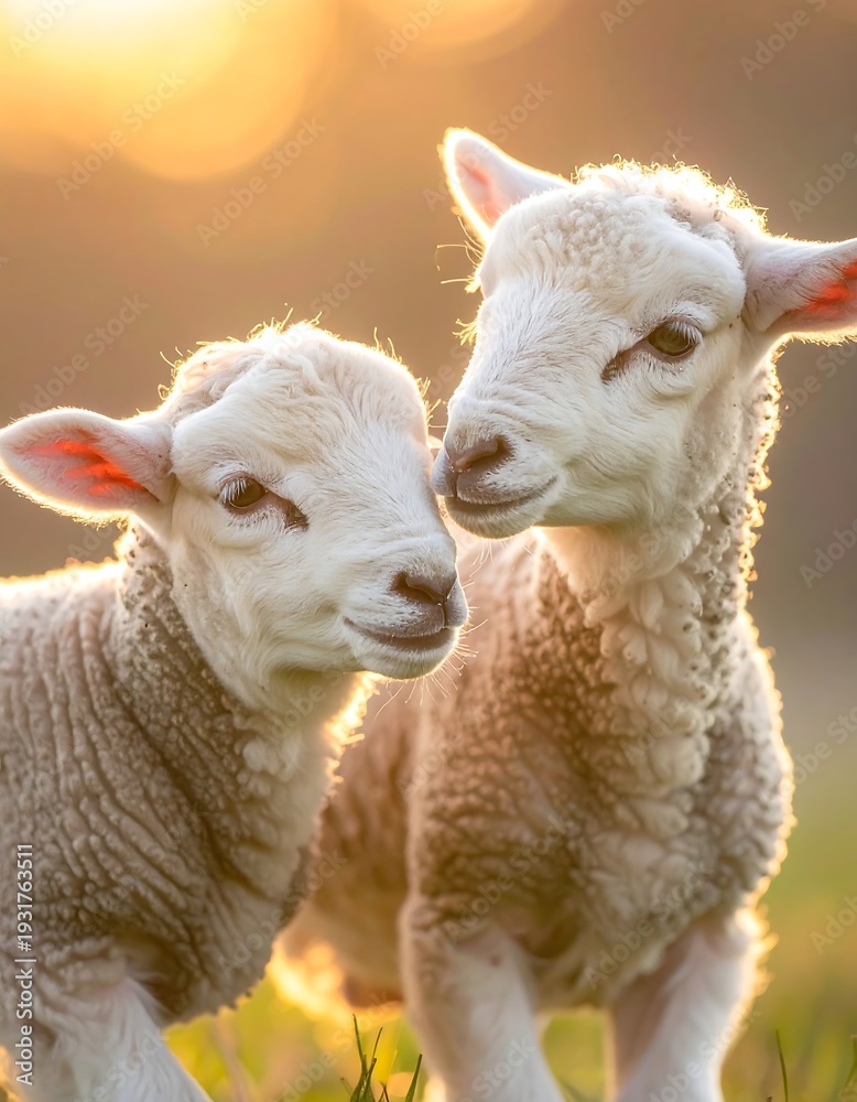 Fototapeta premium Two fluffy lambs stand close together in a field, bathed in warm golden sunlight