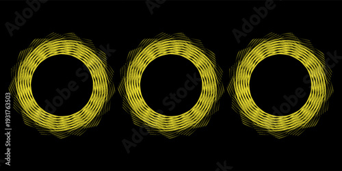 yellow bronze metal circle frames 3d vector realistic illustration. First, second and third place medals or buttons isolated on black background. Certified. Quality blank, empty badge set.