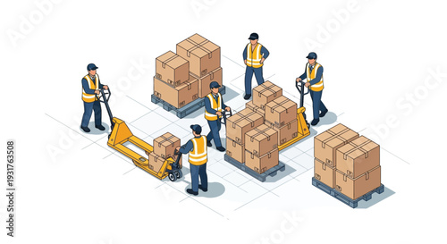Isometric illustration depicting warehouse workers managing and moving cardboard boxes