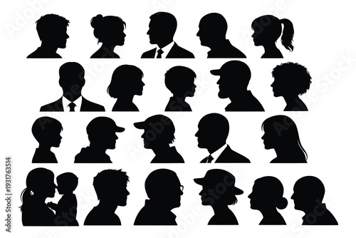 Diverse collection of black silhouette profiles showcasing various hairstyles and headwear
