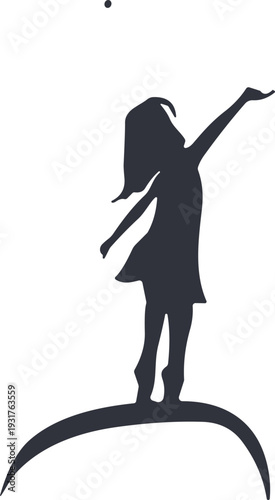 Black silhouette of a young girl reaching for a star, childhood dreams and inspiration concept, hopeful female child reaching up,