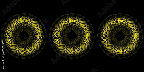 yellow bronze metal circle frames 3d vector realistic illustration. First, second and third place medals or buttons isolated on black background. Certified. Quality blank, empty badge set.