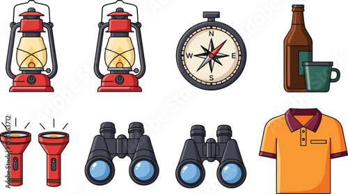 Camping and Outdoor Equipment Icon Set with Lantern Compass Binoculars Flashlight Mug Bottle and Polo Shirt Adventure Collection.