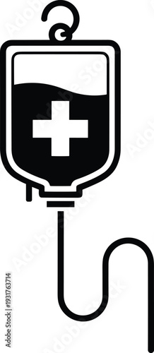 Black and white medical IV drip bag icon vector illustration with cross symbol for hospital healthcare infusion saline blood bag isolated on white background