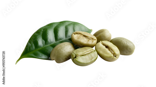 Green coffee beans with leaf on white background isolated on a transparent background