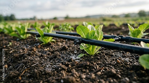 Drip irrigation watering young lettuce plants in a field