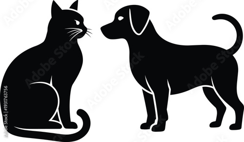  Black Silhouette of Cat and Dog Facing Each Other, Domestic Pet Animals Icon, Kitten and Puppy Vector Isolated on White Background.